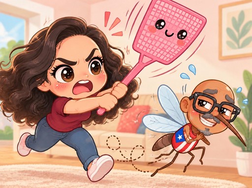 Kawaii illustration of a person chasing a smiling pink fly swatter toward a cartoon bug.