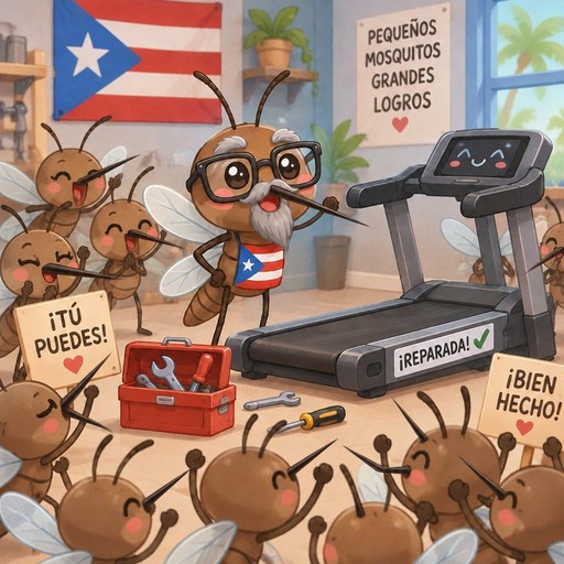 Kawaii cartoon mosquitoes exercise on a treadmill in a colorful Puerto Rican-themed room.