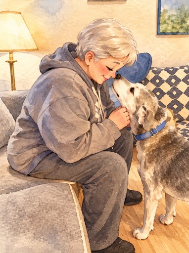 Watercolor-style scene of a person cuddling a dog on a couch in warm neutral colors