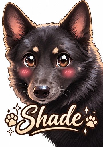 Kawaii black dog illustration with rosy cheeks and the name “Shade” beneath it.
