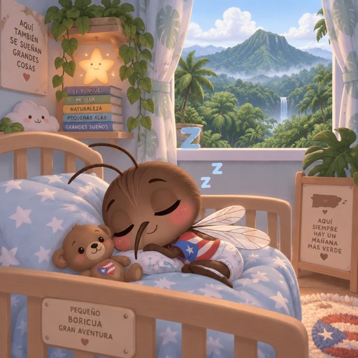 Baby Puerto Rican male mosquito asleep in nursery with view of el yunque from window