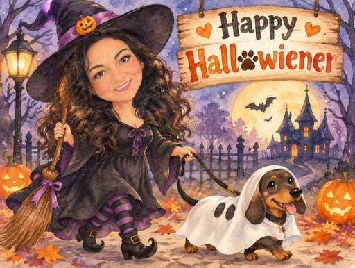 Kawaii Halloween illustration of a person in a witch costume walking a dog in a ghost sheet.