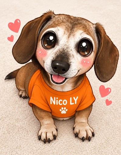 Kawaii brown dog sitting in an orange shirt with pink hearts.