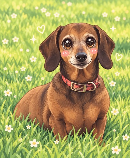 Kawaii brown dog wearing a collar in a flower-filled meadow, with sparkles.
