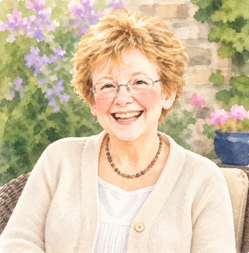 Watercolor illustration of a smiling person seated among flowers and greenery