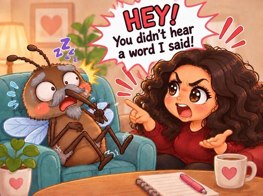 Kawaii cartoon of an angry person scolding a startled person in a chair, with a speech bubble.