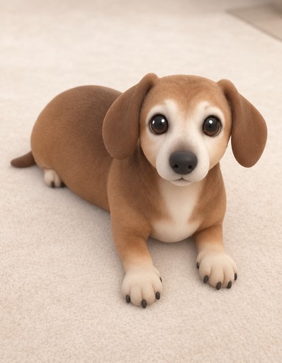 Kawaii-style brown dachshund lying on a cream-colored floor.