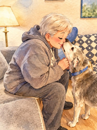 Watercolor illustration of a person cuddling a dog in a cozy room.