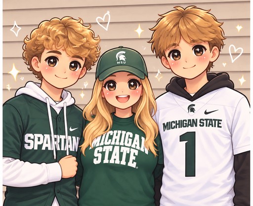 Kawaii anime-style trio in green and white Michigan State outfits, posing together with sparkles.