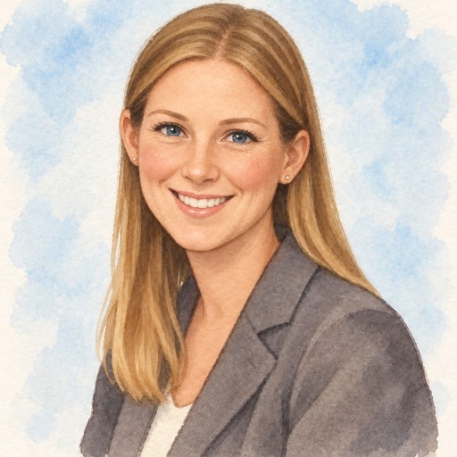 Watercolor portrait of a person with long blonde hair wearing a gray blazer.