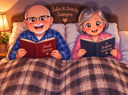 Kawaii illustration of a person and a person reading books under a plaid blanket