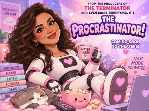 Kawaii illustration of a person working at a pink laptop among pastel stationery and cute decorations.