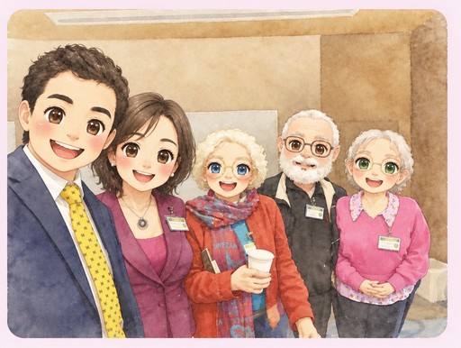 Kawaii watercolor portrait of five people smiling together in colorful clothes.