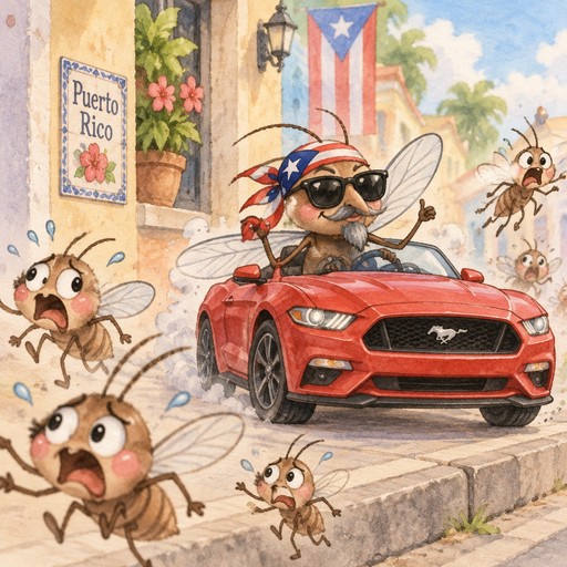 Puerto Rican mosquito with gray mustache and goatee wearing sunglasses and driving a red mustang on sidewalk as other mosquitoes run for their lives