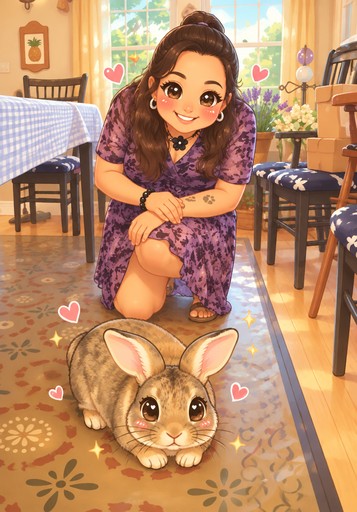 Kawaii illustration of a person seated beside a large-eared rabbit in a colorful room.
