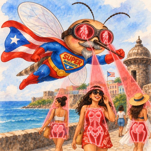 Kawaii superhero fly scans three people by a colorful seaside cityscape.