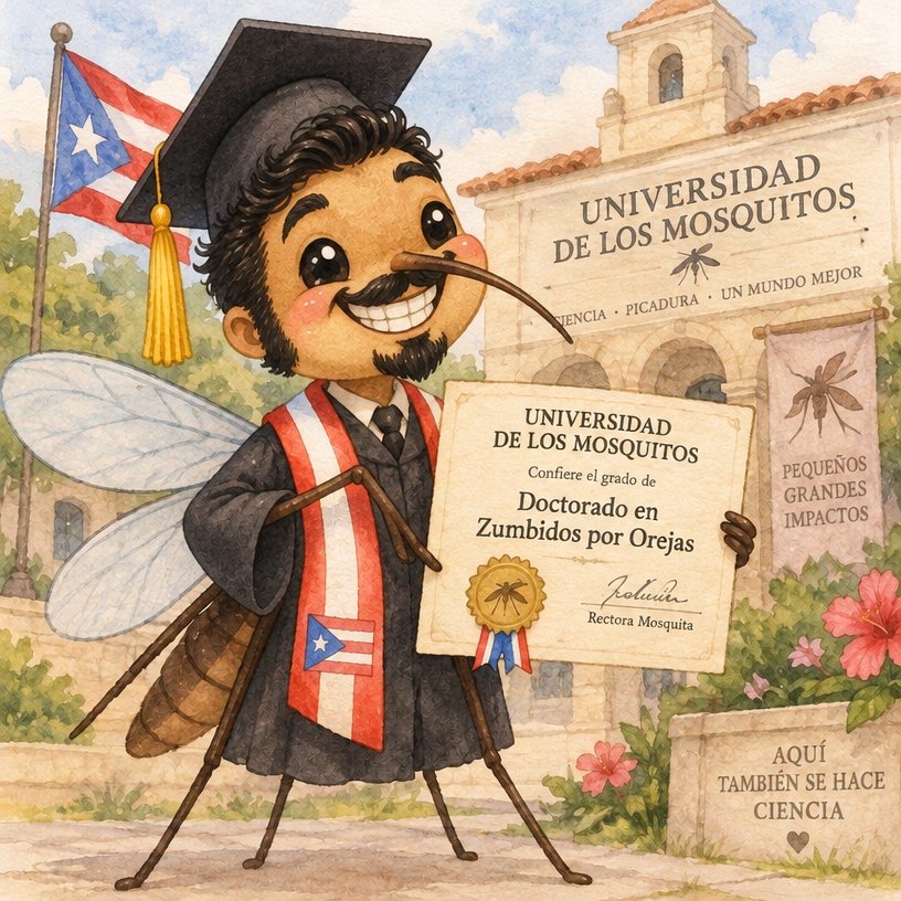 Kawaii caricature person holding a diploma outside a university, with flags and buildings.