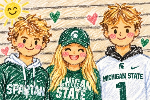 Three people in kawaii style wearing green Michigan State hoodies outdoors.