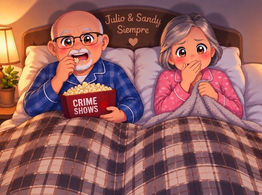 Kawaii illustration of two people watching crime shows under a plaid blanket, with popcorn.