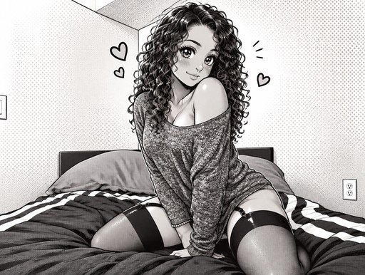 Kawaii black-and-white illustration of a person sitting on a bed with floating hearts.