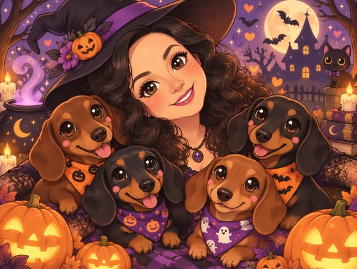 Kawaii illustration of a person with dachshunds among glowing Halloween pumpkins and bats