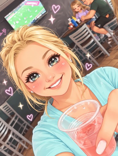 Kawaii illustration of a smiling blonde person holding a pink drink, with heart accents and café scene.