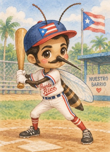 Kawaii baseball player with Puerto Rican flags on a sunny field, watercolor style