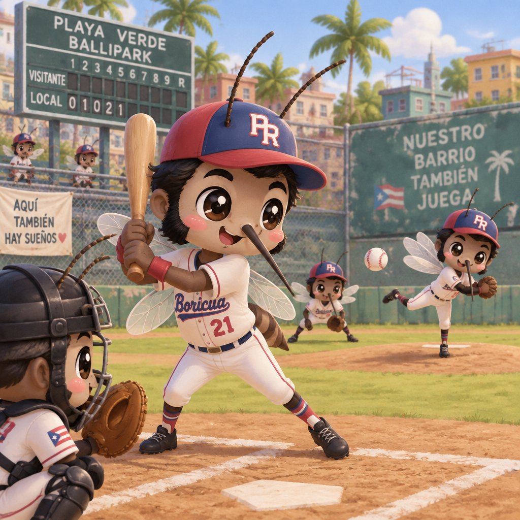 Puerto Rican male mosquitos with 2 antenna sticking out of baseball hat, black hair and prominent side burns, playing baseball in local ball park