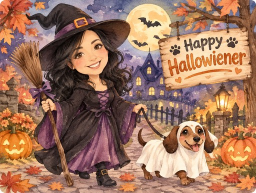 Kawaii watercolor illustration of a person in a witch costume with a dog on Halloween.