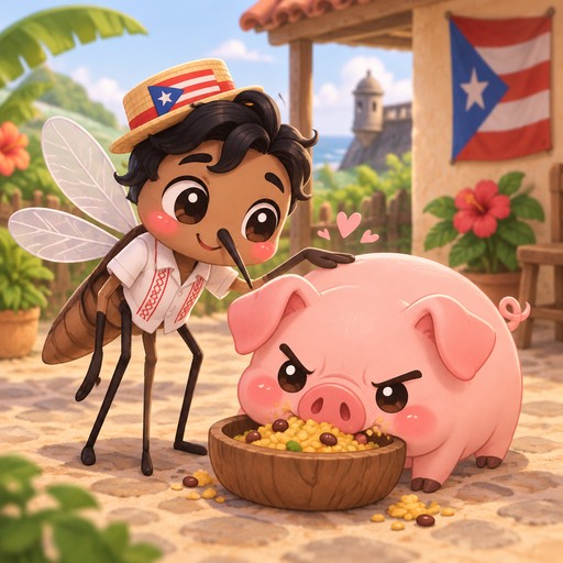 Create image of male Puerto Rican mosquito with black hair petting a pig who is eating and looks angry