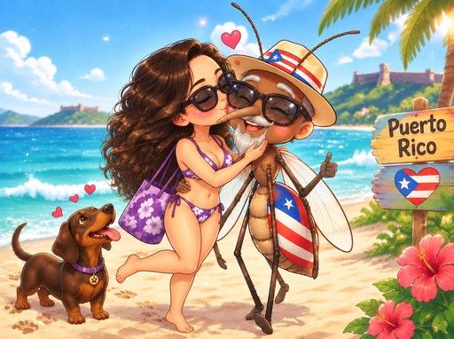 Kawaii beach scene with people, a dog, tropical flowers, and a Puerto Rico sign