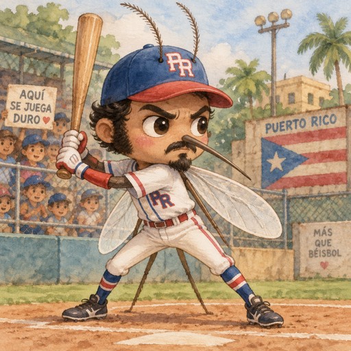 Puerto Rican male mosquito with 2 antenna sticking out of baseball hat, black hair and prominent side burns, black mustache and goatee, with focused facial expression playing baseball in local ball park