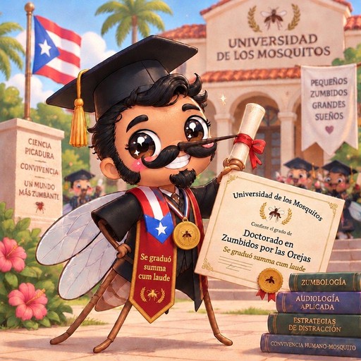 Kawaii illustrated mosquito graduates pose beside a university sign, holding diplomas.
