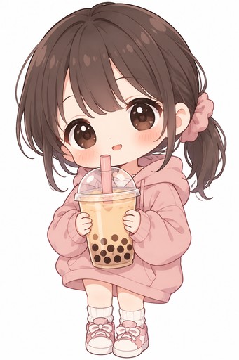 Premium kawaii anime illustration of a cute young girl holding an oversized pastel bubble-tea cup with both hands close to her chest, front-facing slightly tilted pose, oversized rounded head, large simple oval dark-brown eyes, tiny nose and tiny mouth, soft round cheeks with subtle blush, dark chocolate-brown hair in a simple low ponytail with rounded bangs, wearing an oversized dusty-pink hoodie with long sleeves, cute relaxed expression, simplified natural proportions, clean large shapes, smooth pastel cream-pink-lavender palette, minimal soft cel shading, polished 2D kawaii illustration, uniform medium-fine clean outline with consistent line weight across hair, face, hands, clothing and cup, no thick border, no extra-fine lines, no mixed line weights, minimal interior detailing, clean hands with simple readable fingers, crisp silhouette, completely blank background, no scenery, no floating decorations, no texture clutter, no text, no watermark, merchandise-ready HD artwork, designed for clean background removal and high-resolution enlargement, 4:5 composition.