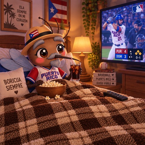 Kawaii baseball character watching a game beside Puerto Rican flags and cocoa