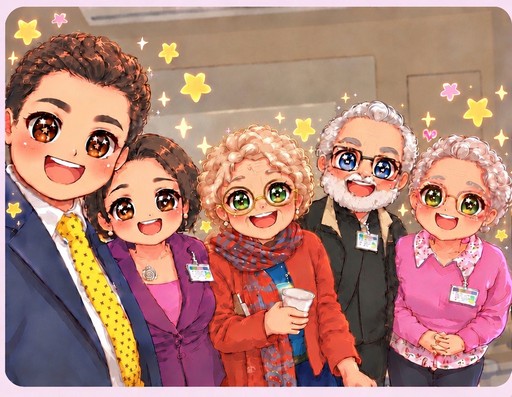 Kawaii illustrated group of smiling people posing together in colorful outfits and star decorations