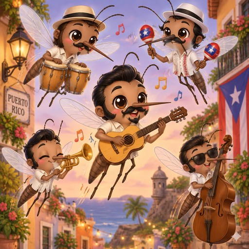 5 Puerto Rican adult male mosquitos with antenna, black hair and prominent side burns, long tapered proboscus, playing salsa music while in flight.  Add black mustache and goatee to mosquito playing guitar and black mustaches to 2 of the other mosquitoes
