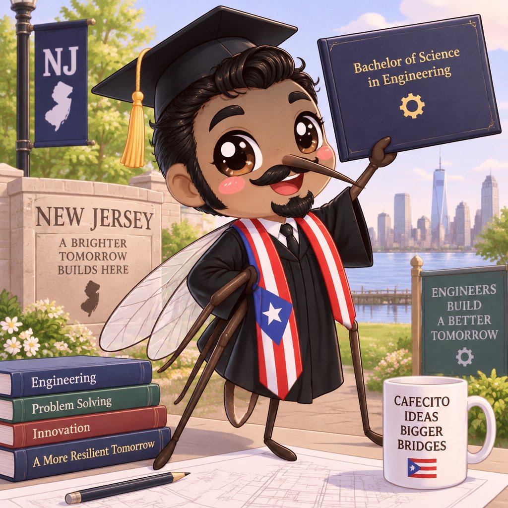 Puerto Rican male mosquito with black hair, side burns, mustache and goatee graduating from college in New Jersey with bachelor of science in engineering.