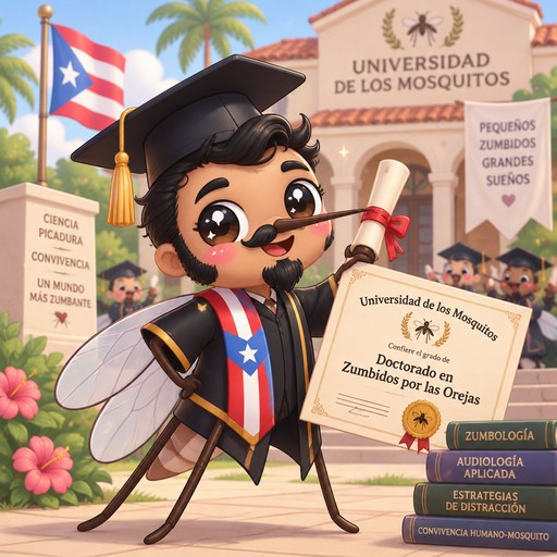 Puerto Rican male mosquito with black hair, side burns, mustache and goatee graduating from Universidad de los Mosquitos with Doctorate of Buzzing by Ears