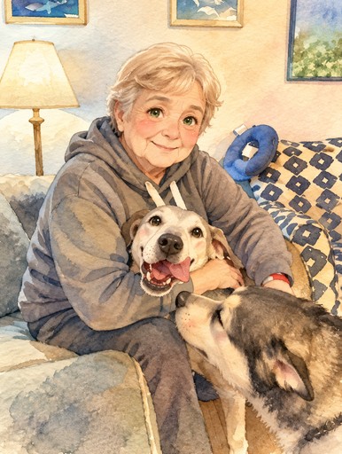 Kawaii watercolor illustration of a person cuddling two dogs in a cozy room.