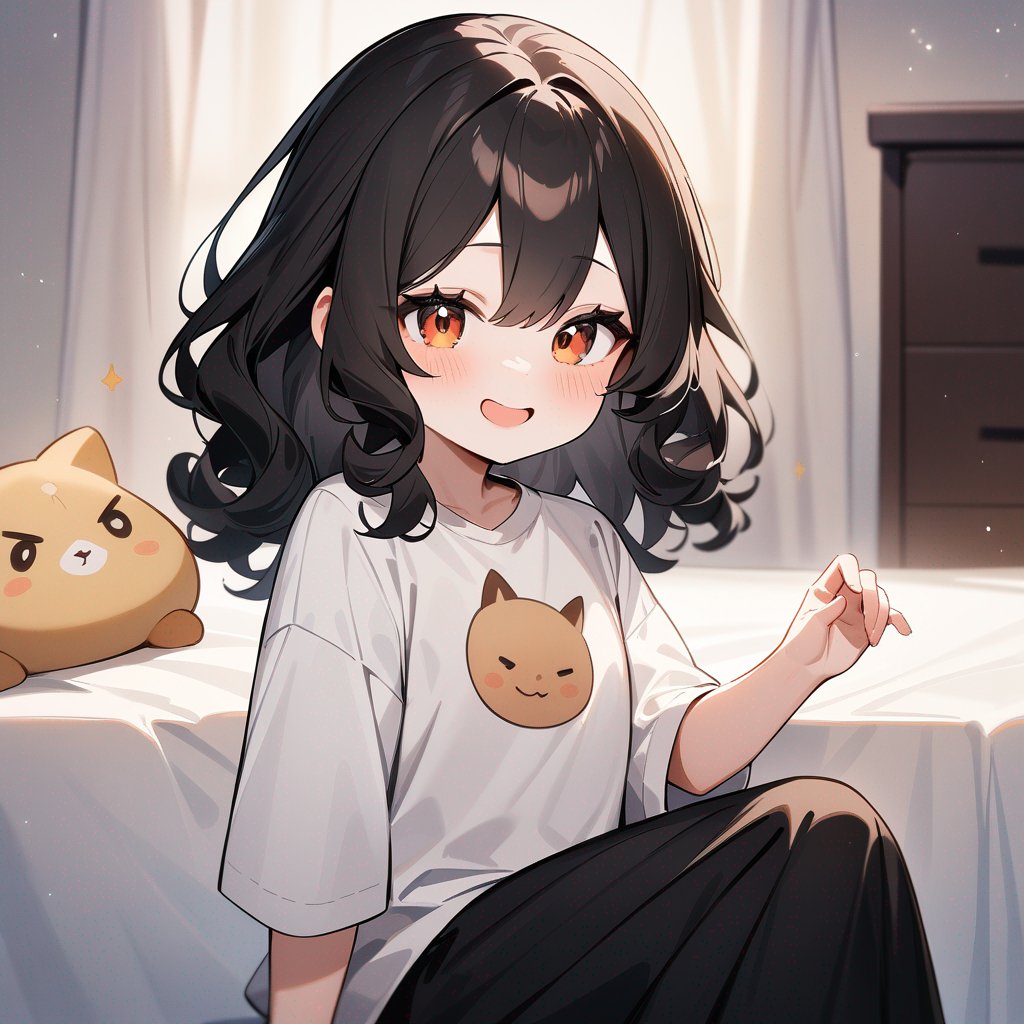 make a chibi image of a girl with long black curly hair with rosy cheeks and soft girl make up and she wears a white shirt and she is smiling while sitting