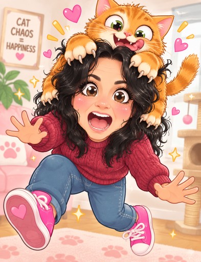 Kawaii illustration of a person with a playful orange cat, pink hearts, and a cozy room