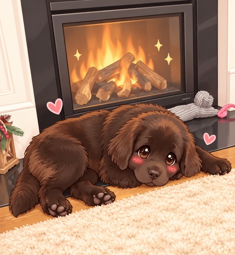 Kawaii brown dog resting by a glowing fireplace on a cream rug