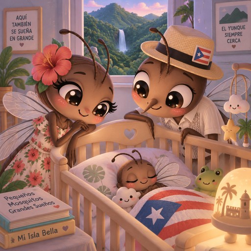 Baby Puerto Rican male mosquito asleep in nursery with his mother and father looking at him adoringly with view of el yunque from window