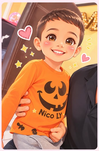 Kawaii illustration of a smiling person in an orange jack-o’-lantern shirt amid hearts and stars