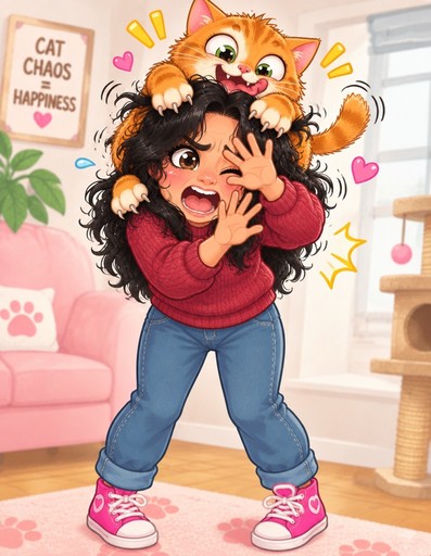 Kawaii person smiles while holding a playful orange cat, in a pink room.
