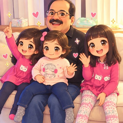 Kawaii-style illustration of a family posing together with hearts and flowers in pastel colors.