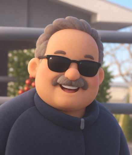 Kawaii 3D illustration of a smiling person wearing sunglasses and a navy coat outdoors.