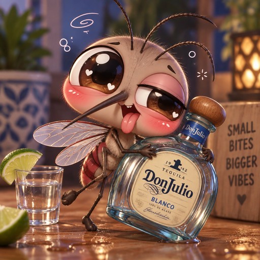 Zany, drunk mosquito with bottle of Don Julio tequila