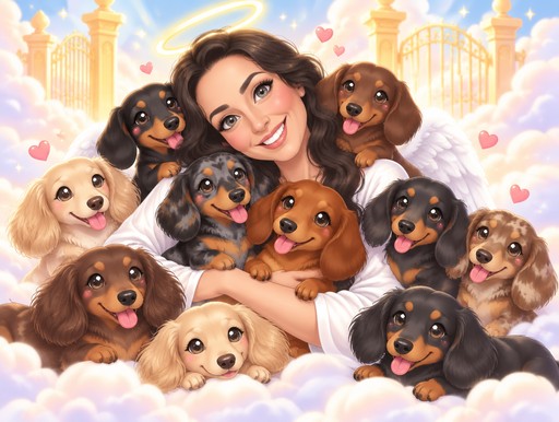 Kawaii-style portrait of a person surrounded by puppies among pastel clouds and golden arches